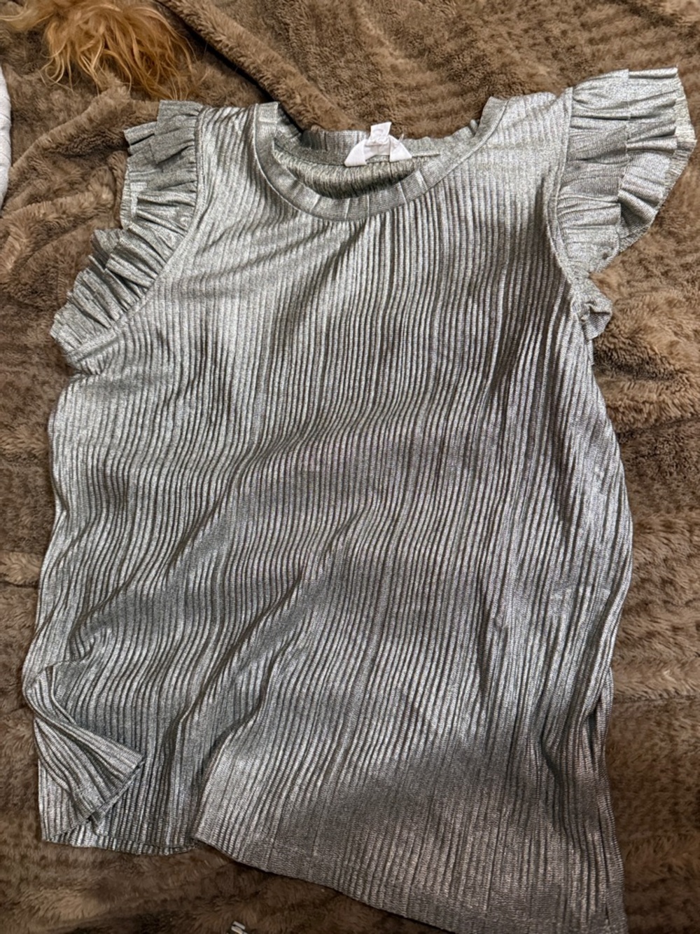 Nicole Miller Metallic Silver Ruffled Sleeve Pleated Top